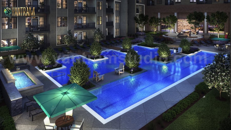 Gorgeous Courtyard Landscape Pool View Design Ideas of 3D Exterior Rendering Services by Architectural Modeling Firm, Brussels – Belgium