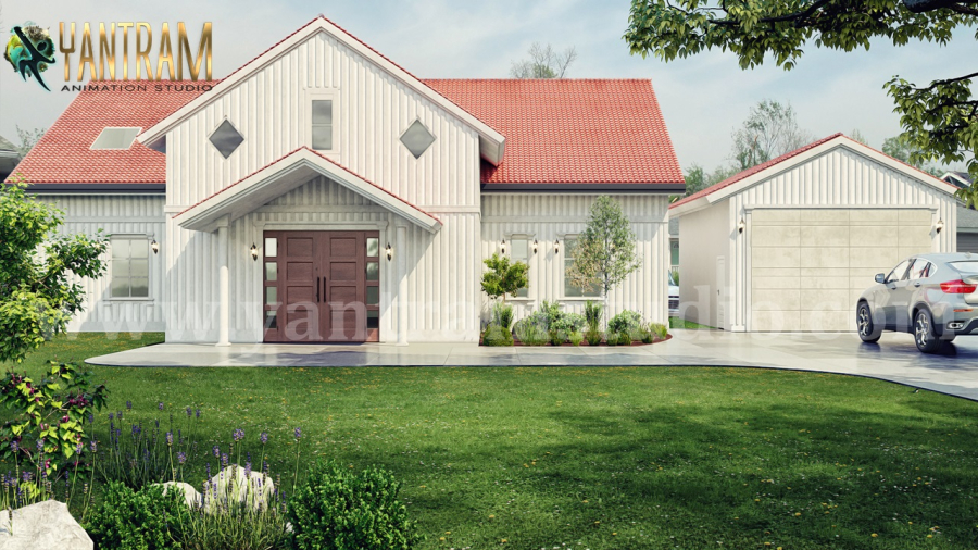 Modern Farmhouse exterior rendering services with Front yard Landscape Design by architectural planning companies