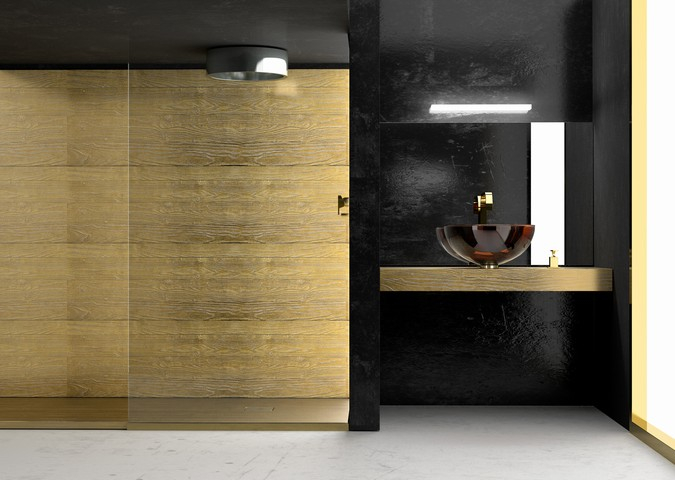 Gold wood bathroom