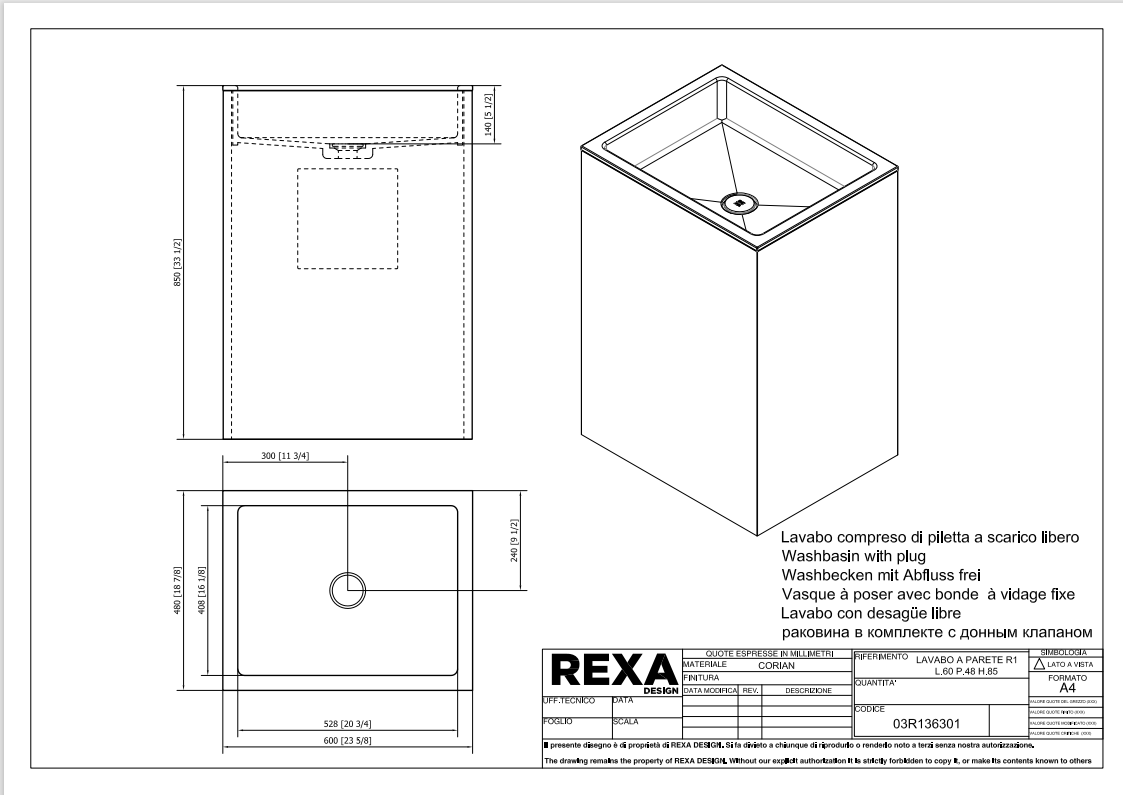 Rexa Lavabo Parete R1 L60 P48 H85 03R136301 pdf 