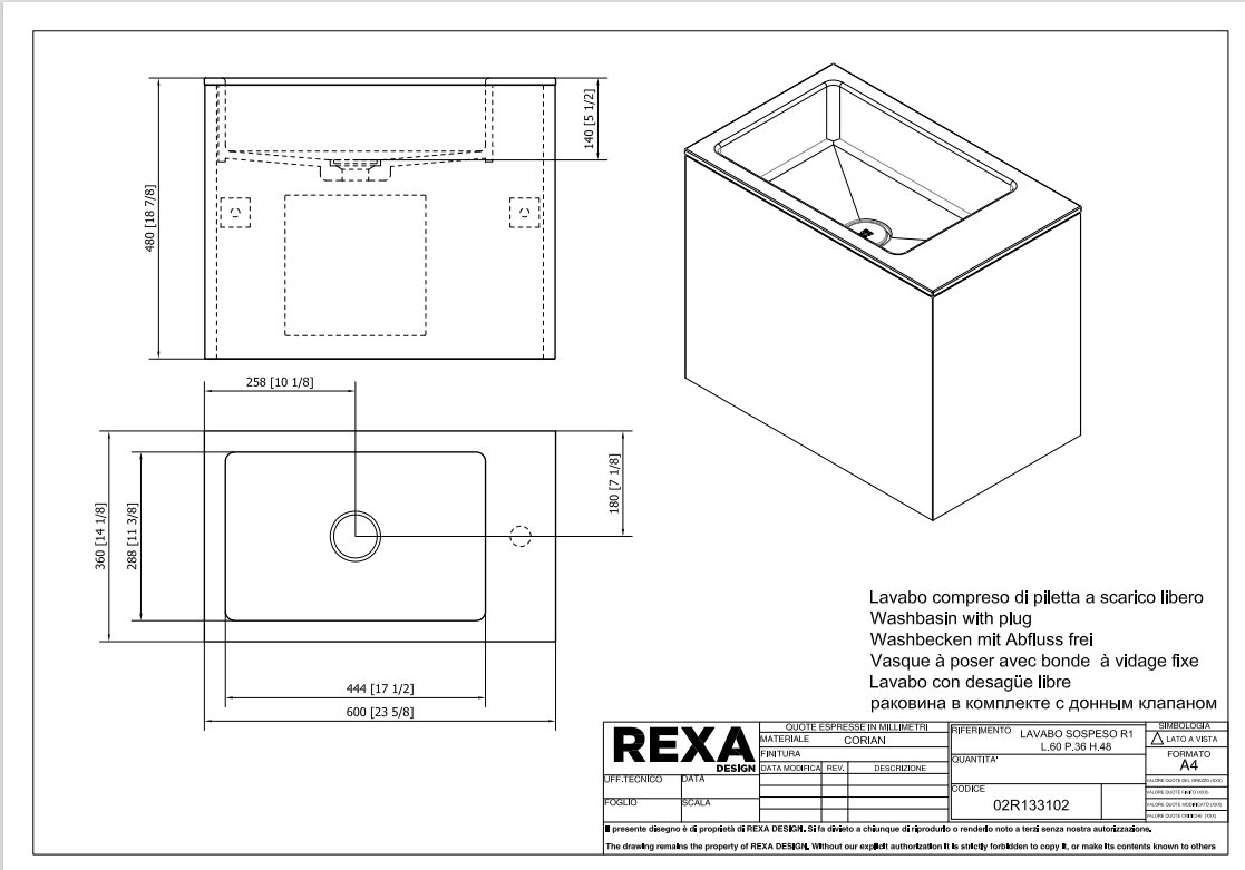 Rexa Lavabo R1 Sospeso L60 P36 H48 02R133102 pdf 