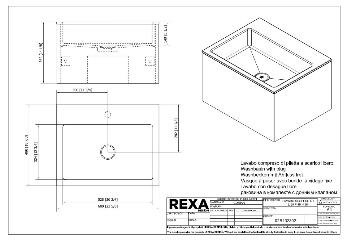Rexa Lavabo R1 Sospeso L60 P48 H36 02R132302 pdf 