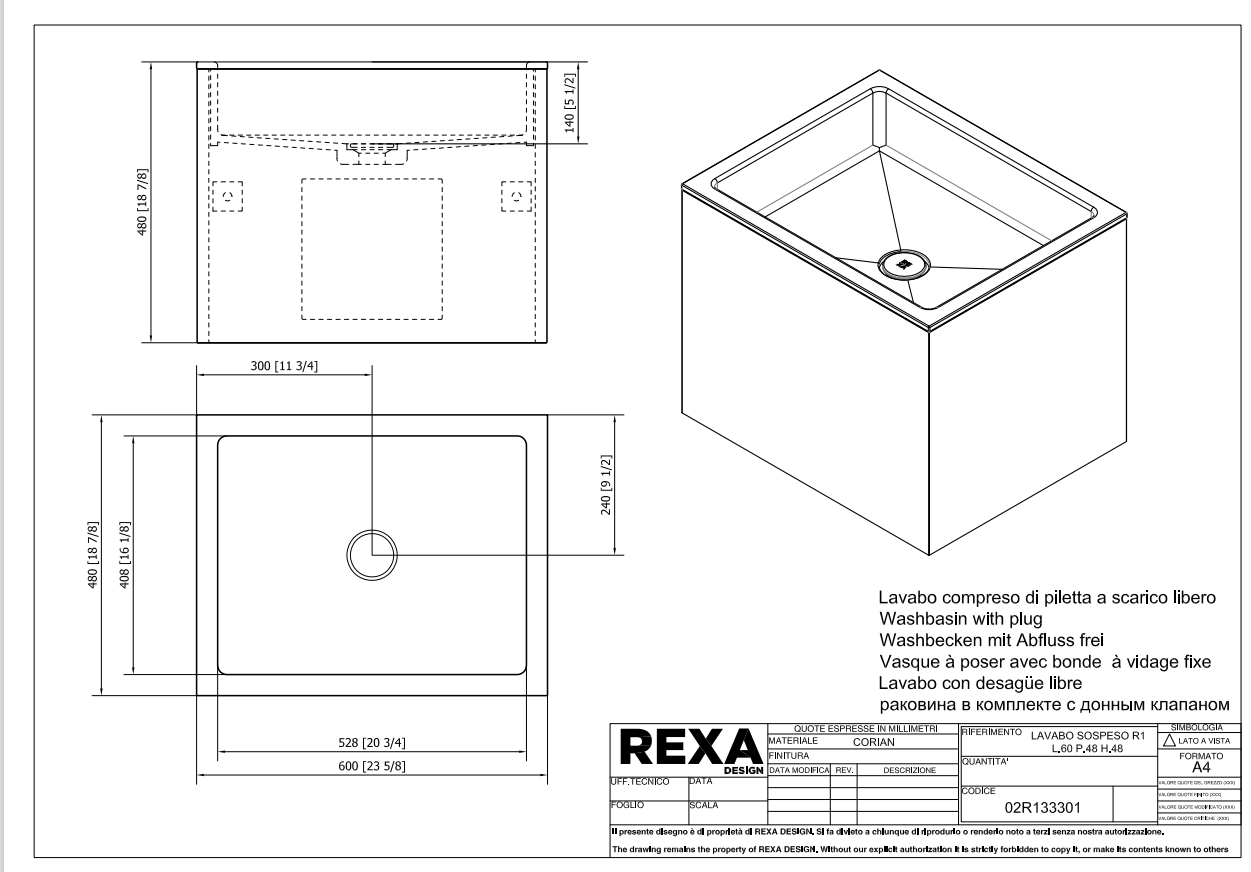 Rexa Lavabo R1 Sospeso L60 P48 H48 02R133301 pdf 