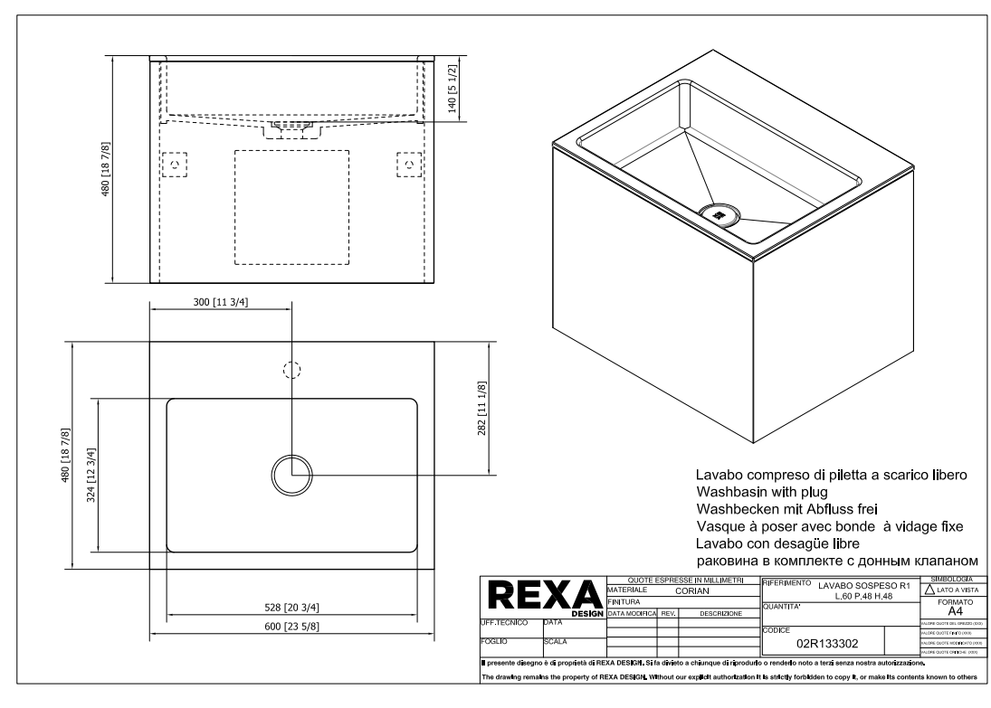 Rexa Lavabo R1 Sospeso L60 P48 H48 02R133302 pdf 
