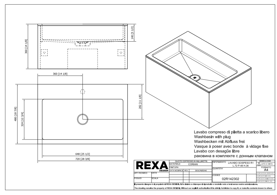 Rexa Lavabo R1 Sospeso L72 P48 H36 02R142302 pdf 