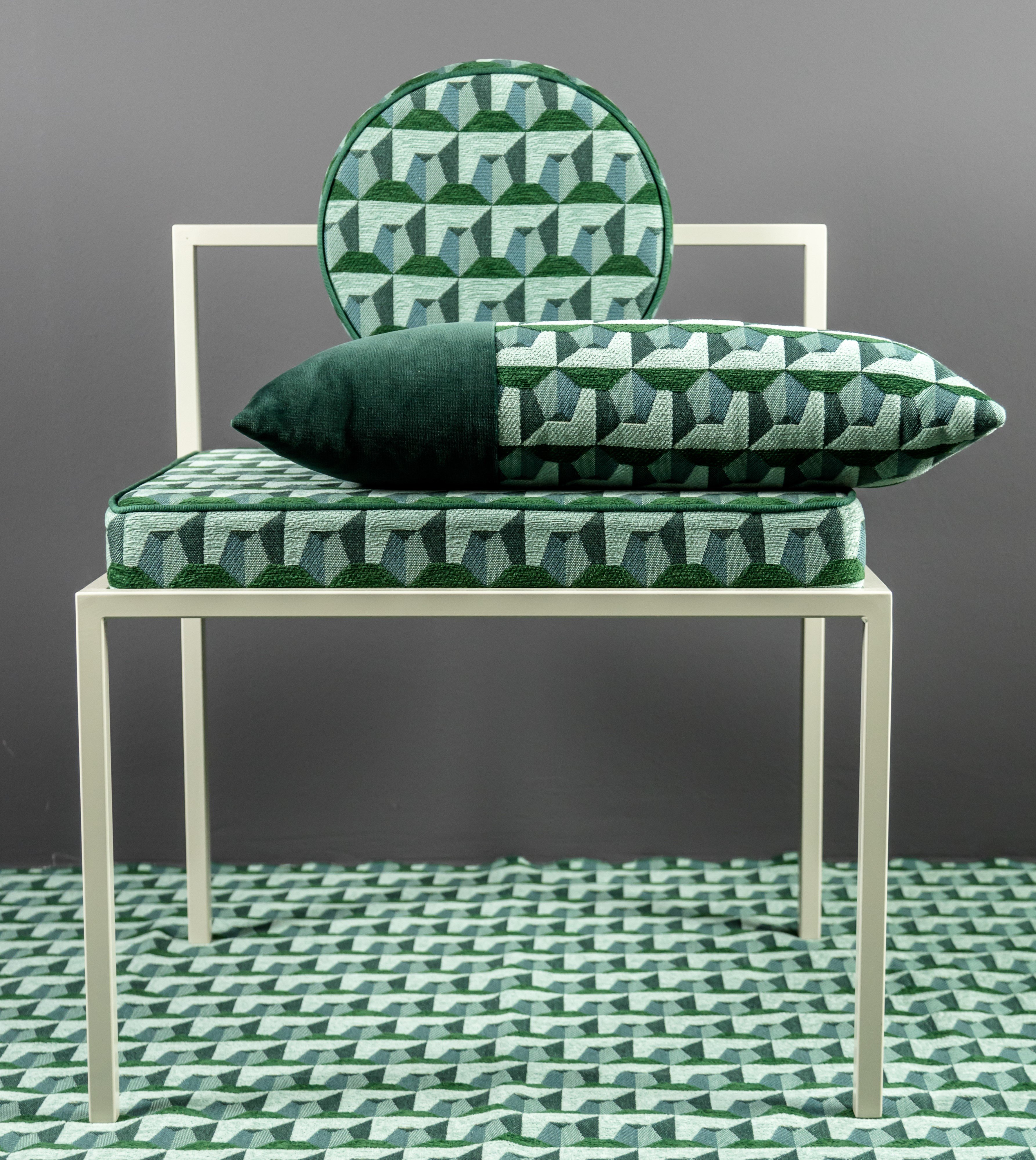 Relief: geometric patterns on gobelin-worked jacquard fabric, design Bruno Tarsia 