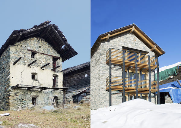 Chalet in legno a Chamois, Valle d'Aosta - Confronto pre e post intervento