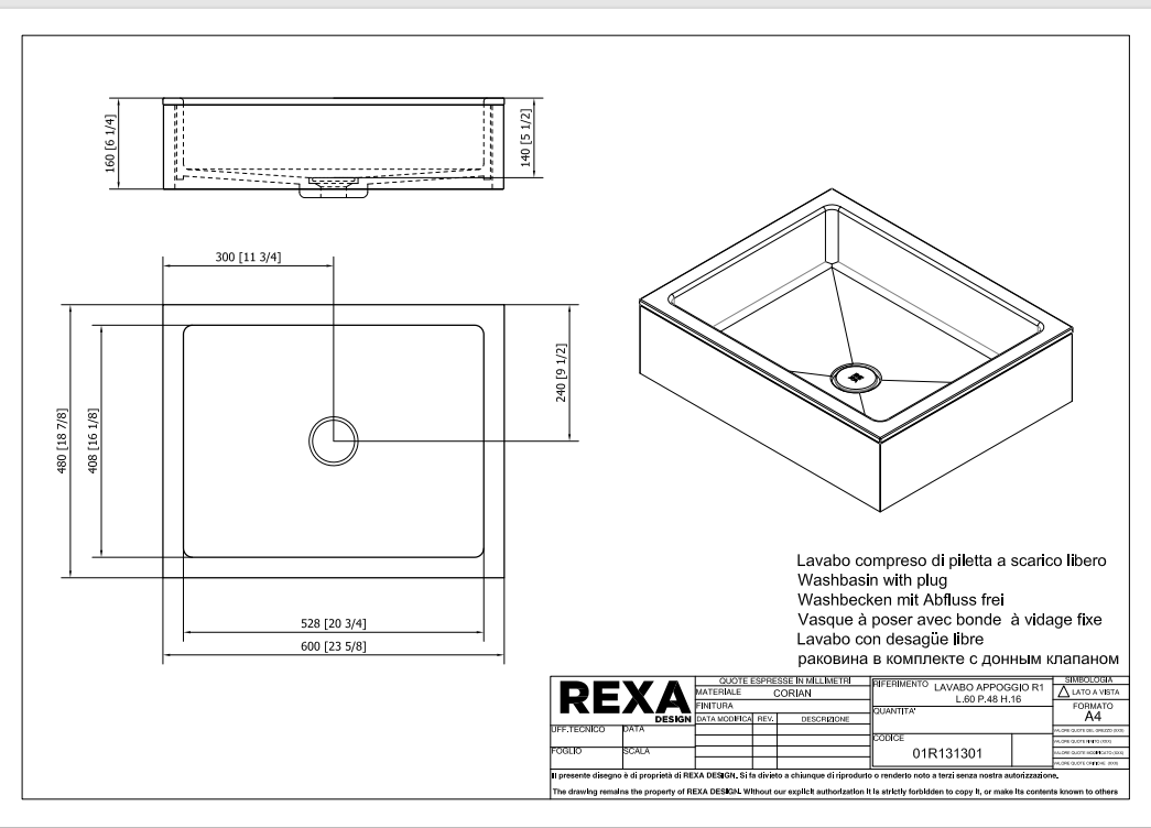 Rexa Lavabo R1 L60 P48 H16 01R131301 pdf