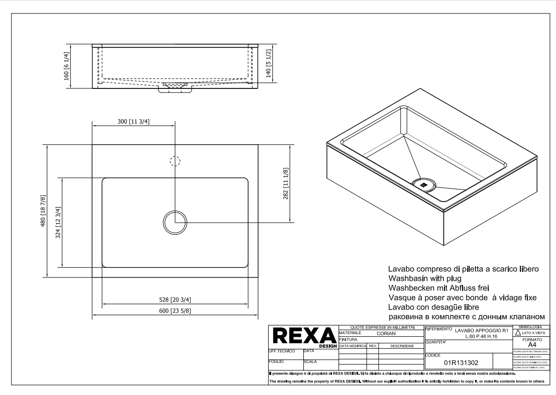 Rexa Lavabo R1 L60 P48 H16  01R131302 pdf