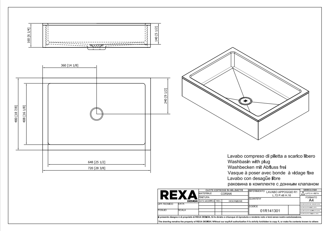 Rexa Lavabo R1 L72 P48 H16 01R141301 pdf