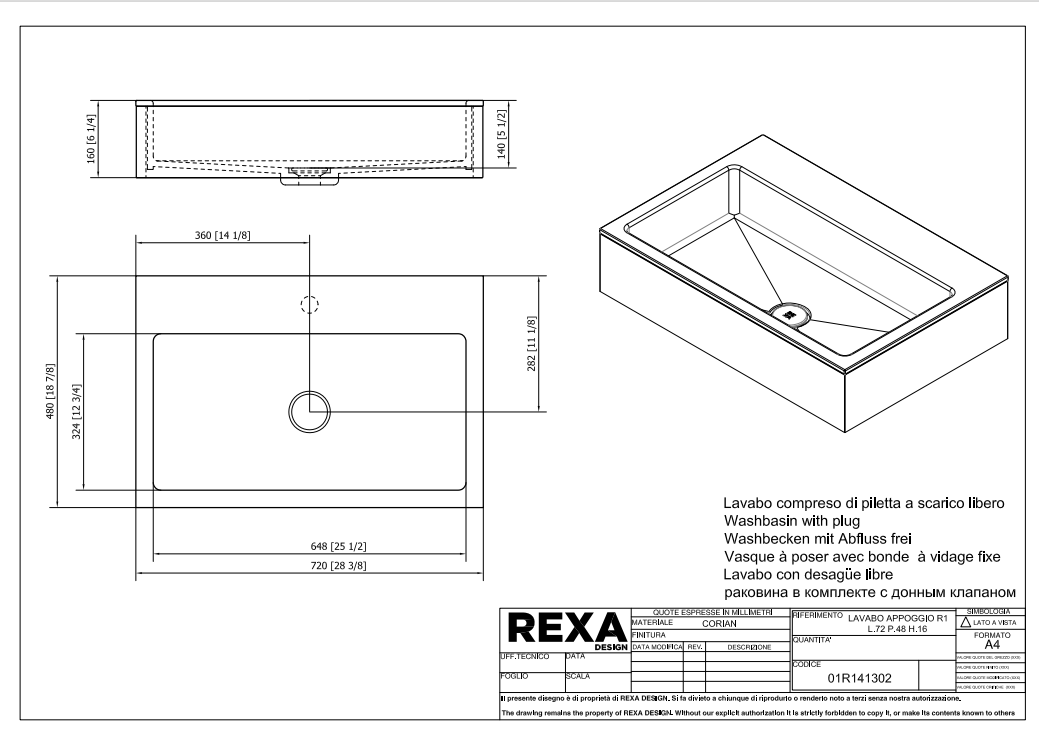 Rexa Lavabo R1 L72 P48 H16 01R141302 pdf