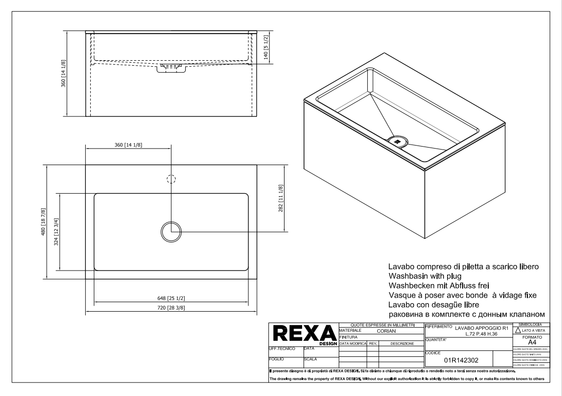 Rexa Lavabo R1 L72 P48 H36 01R142302 pdf