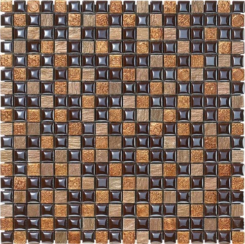 Mosaico Mexical Amaranto di Boxer in varie combinazioni di materiali: ceramica, resina, pietra e cappucci in acciaio inox.