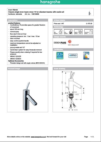 Download Techincal informations Axor Starck