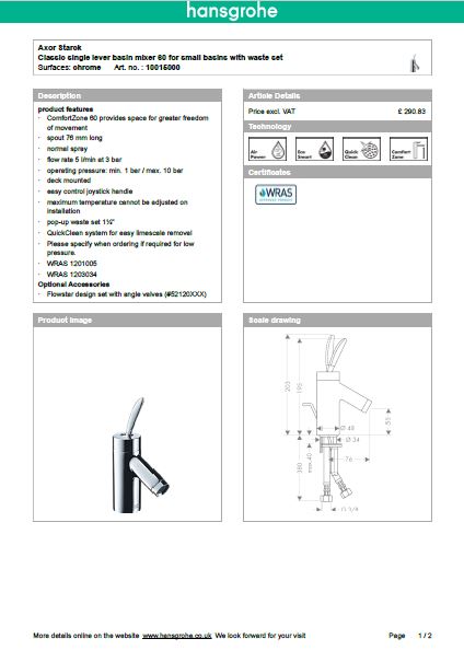 Download Techincal informations Axor Starck