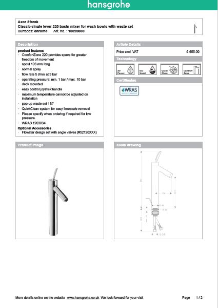 Download Techincal informations Axor Starck