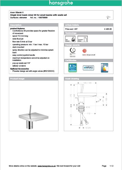 Download Techincal informations Axor Starck