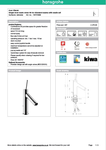 Download Techincal informations Axor Starck