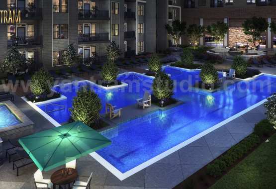 Gorgeous Courtyard Landscape Pool View Design Ideas of 3D Exterior Rendering Services by Architectural Modeling Firm, Brussels – Belgium