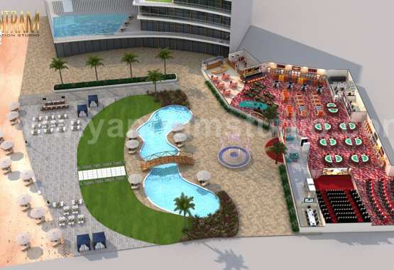 Unique Game Zone with Beach side Swimming Pool 3D Floor Plan Rendering Service