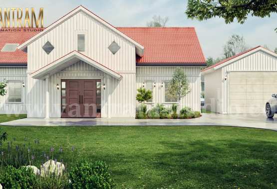 Modern Farmhouse exterior rendering services with Front yard Landscape Design by architectural planning companies