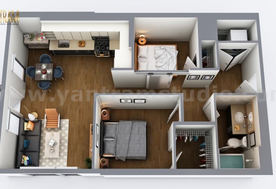Two-Bedroom Residential House 3D Floor Plan Design by Architectural design Companies, Vegas - USA