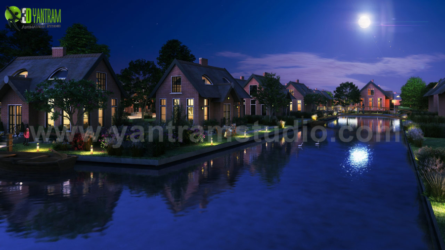 Romantic Night View Of Waterside Villa 3D Exterior Modelling By Yantram 3D Animation Studio, Sydney-Australia