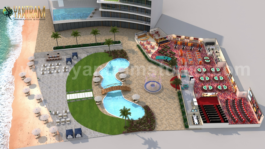 Unique Game Zone with Beach side Swimming Pool 3D Floor Plan Rendering Service