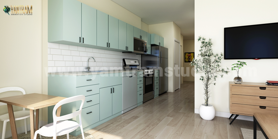 Modern Living & Kitchen Modelling Design by Yantram 3D Interior Rendering Services, California - USA