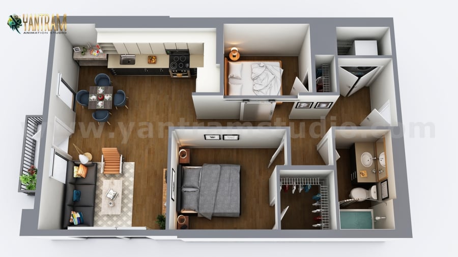 Two-Bedroom Residential House 3D Floor Plan Design by Architectural design Companies, Vegas - USA