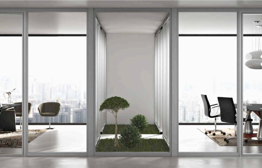 pareti modulari separazione uffici metallo e vetro mobili seven metal